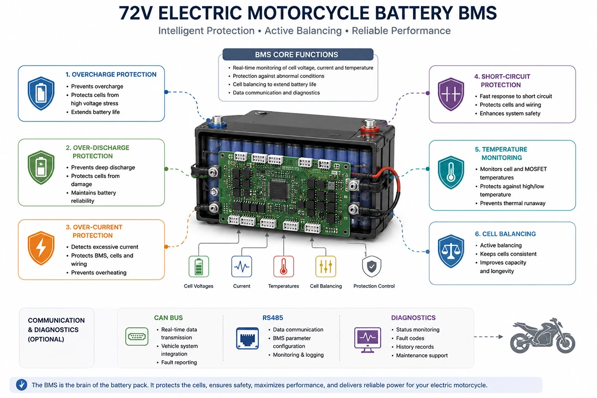 BMS protection functions for a 72V electric motorcycle battery pack BMS protection functions for a 72V electric motorcycle battery pack
