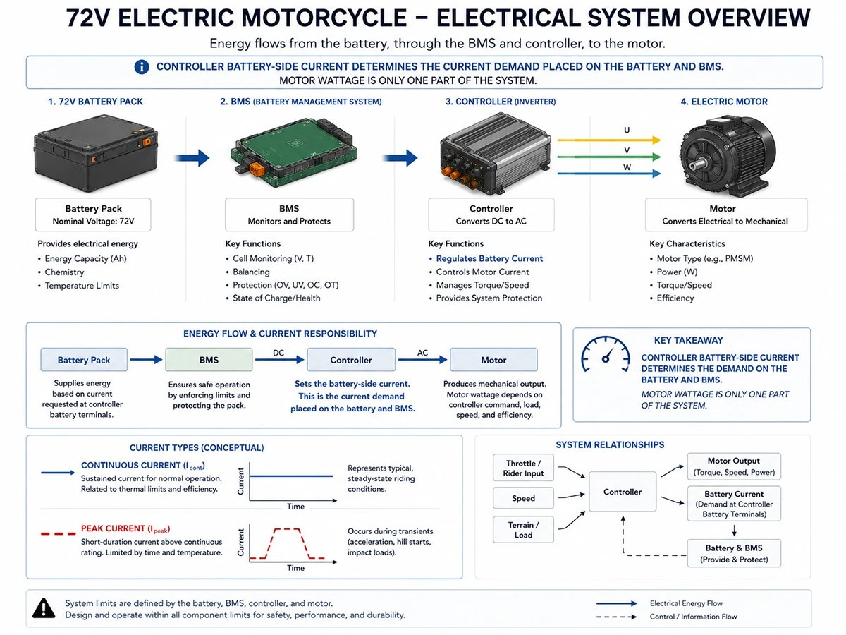 Diagram of battery, BMS, controller and motor current matching in a 72V electric motorcycle Diagram of battery, BMS, controller and motor current matching in a 72V electric motorcycle
